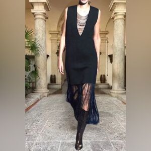 ZARA Black Knit Fringe Hem Dress M Deep V Neck Runway-Inspired Evening Midi